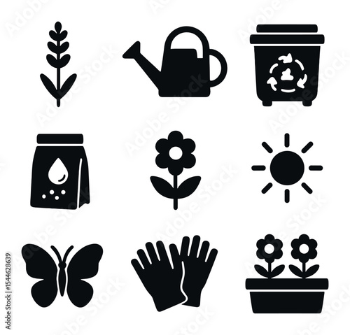 Bee-Friendly Icon Set. Solid, filled icons set of bee-friendly gardening in cities: lavender flower, watering