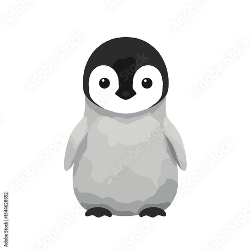 Cartoon Emperor Penguin Chick with Black Head and Grey Body Standing Upright.
