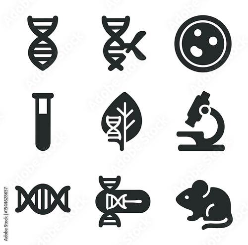 Genetic Modification Icons. Solid, filled icons set of genetic modification: DNA strand, gene splice, petri