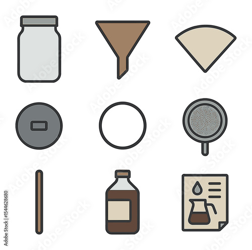 Home Cold Brew Essentials. Flat icon set of home cold brew tools: mason jar, funnel, paper filter, pitcher lid
