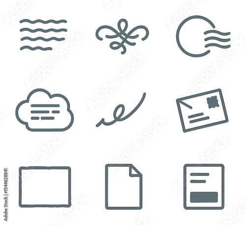 Mail Art Icon Set. Flat icon set of mail art themes: script text, ink flourish, custom postmark, address cloud