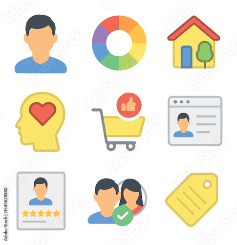 Marketing Personas Icons. Flat icon set of marketing personas: avatar head, personality wheel, lifestyle icon,