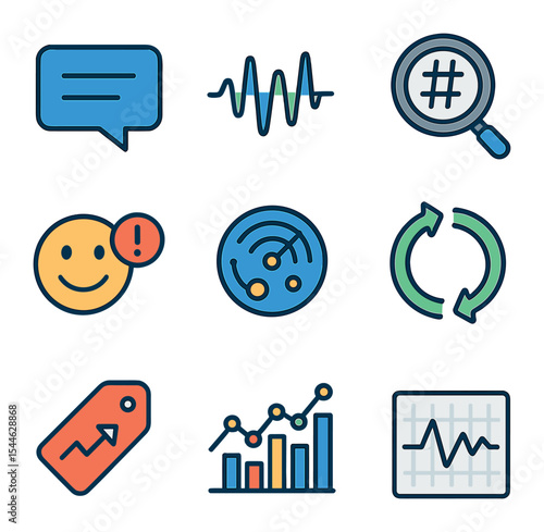 Social Listening Icons. Flat icon set of social listening: chat bubble, audio wave, hashtag tracker, sentiment