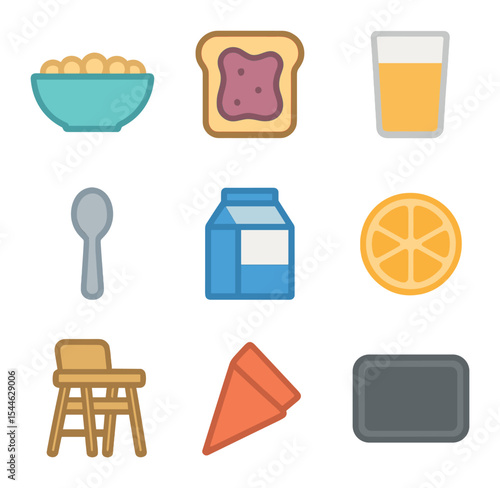School Breakfast Icons. Flat icon set of school breakfast time: cereal bowl, toast with jam, orange juice,