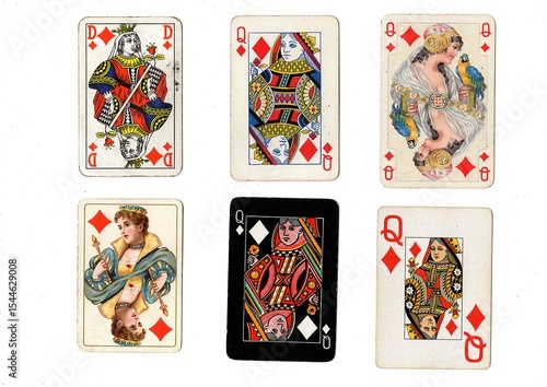 A vintage playing card in different designs isolated on a white background.
