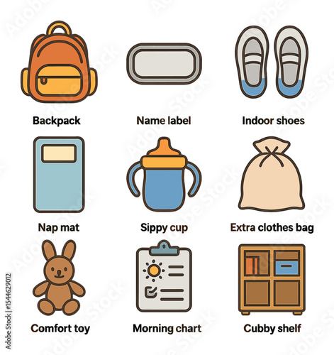 Pre-School Essentials Grid. Flat icon set of pre-school essentials: toddler backpack, name label, indoor shoes