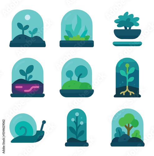Sci-Fi Terrarium Icons. Flat icon set of sci-fi terrariums: glowing dome, crystal moss, hover pot, neon-lit