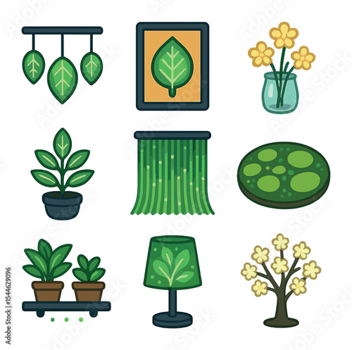 Synthetic Nature Decor Icons. Flat icon set of decor with synthetic nature: glowing leaf mobile, soft-lit wall