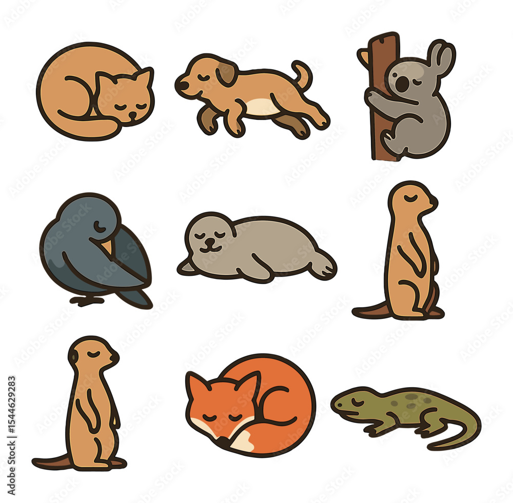 Fototapeta premium Animal Sleeping Icons. Flat icon set of sleeping positions in animals: curled cat, side-lying dog,