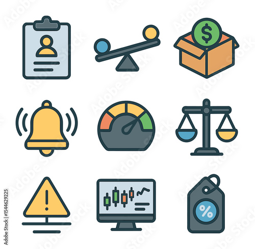 Financial Tools Icons. Flat icon set of margin and leverage: margin account, leverage bar, collateral box,