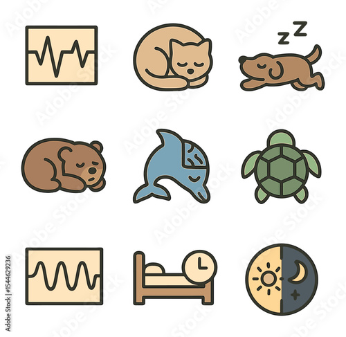 Animal Sleep Cycle Icons. Flat icon set of animal sleep cycles: REM chart, curled-up cat, dog twitching in