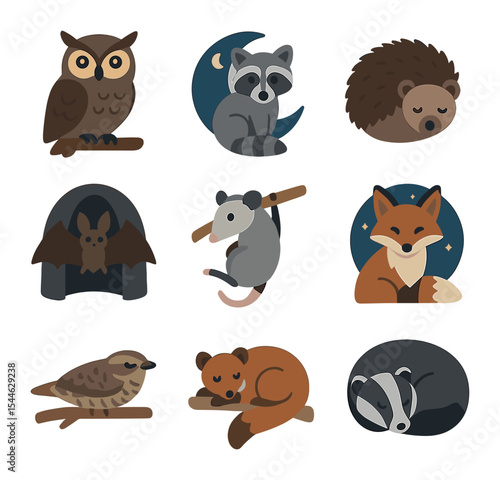 Nocturnal Animal Icons. Flat icon set of nocturnal animals: owl on branch, raccoon with moon, hedgehog curled