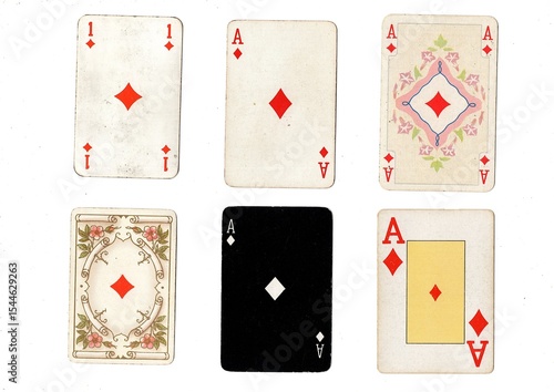 A vintage playing card in different designs isolated on a white background.