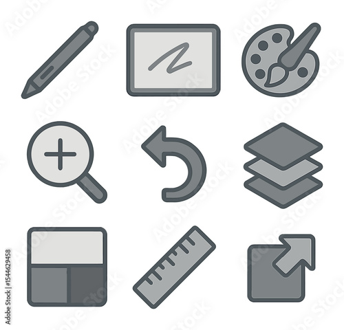 Digital Sketching Icons. Flat icon set of digital sketching tools: stylus pen, tablet screen, brush palette,