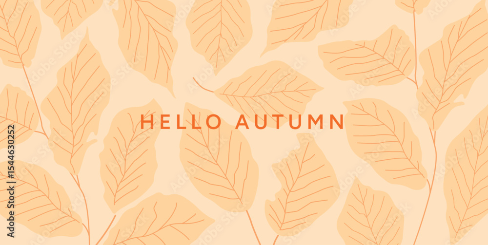 Fototapeta premium Simple autumn leaf pattern on beige background. Flat orange foliage with thin lines in minimal seamless botanical style. For seasonal banner, wallpaper, card, invitation, header. Vector illustration