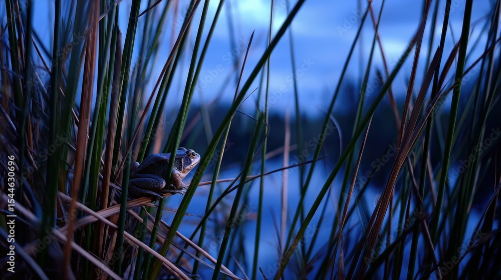 Obraz premium Frog perches among tall wetland grasses near a body of water