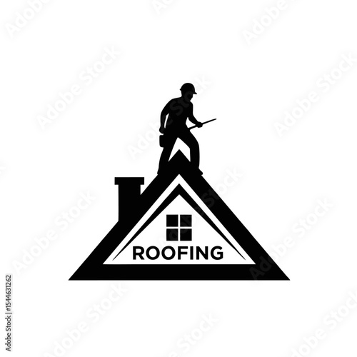 Bold Roofer Logo, Triangle Roof Icon With a Roofing Worker Silhouette Standing on It