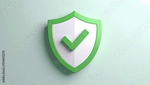 
Green Shield with Checkmark: A clean, minimalist 3D rendering of a white shield with a prominent green checkmark, symbolizing security, protection, and validation, set against a light green backgroun