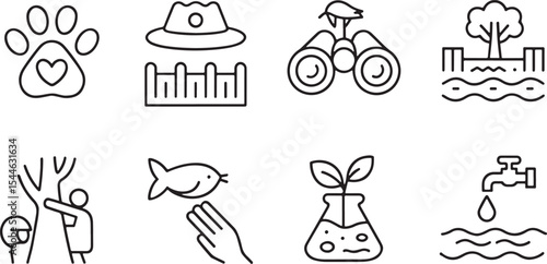 Nature conservation, wildlife protection, and sustainable living icons, featuring green energy and environmental care