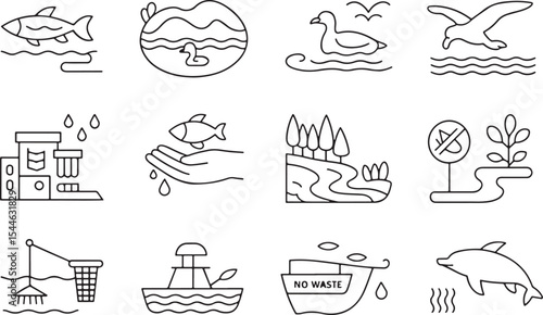 Water pollution control and aquatic wildlife conservation icons, including clean water, fishing, and marine life protection