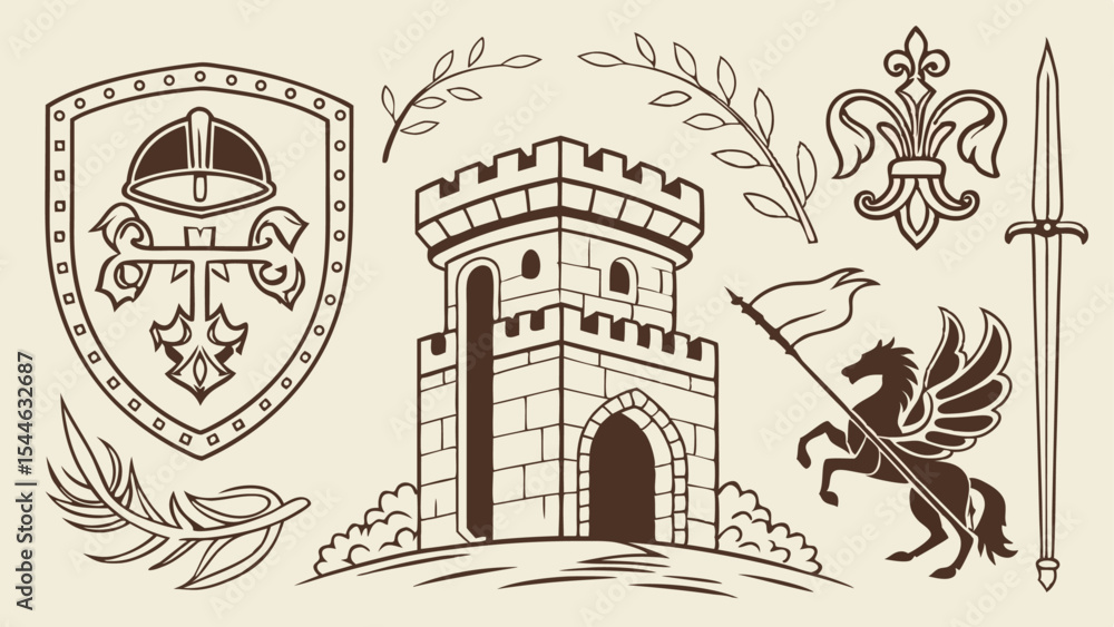 Fototapeta premium Medieval castle drawing in old style vintage architecture vector illustration