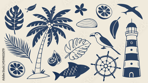 Seamless summer beach pattern with sea shells starfish and tropical elements