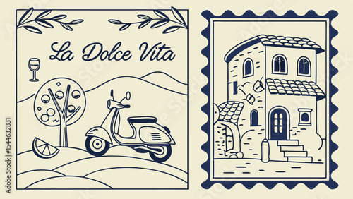 Vintage postage stamp collection featuring sketches of an old town, a house, and a car with an aged postmark