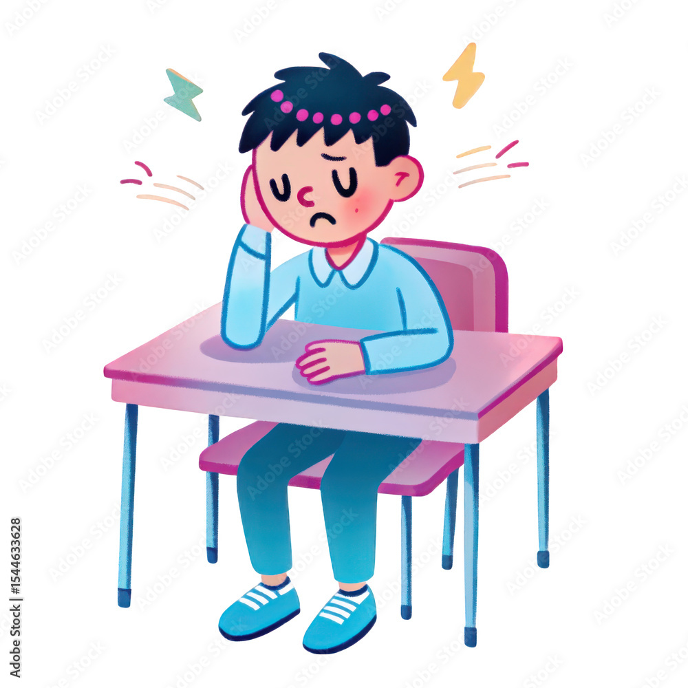 Sad boy sitting at desk feeling stressed isolated on transparent background Sad boy sitting at desk feeling stressed isolated on transparent background