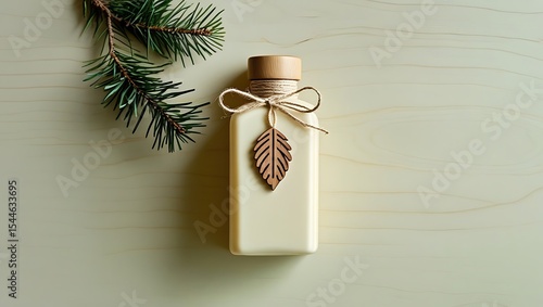 Elegant cream bottle with wooden lid and pine branch