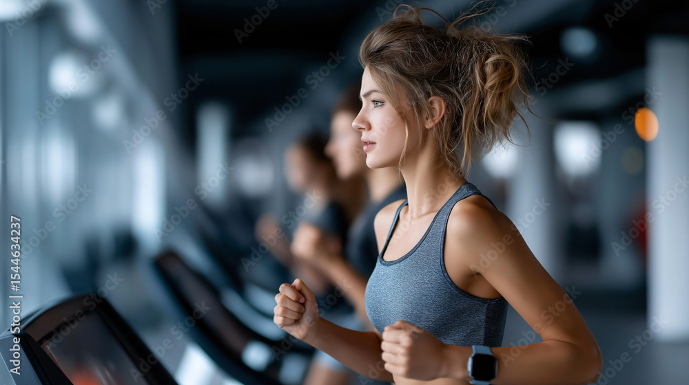 Fototapeta premium Woman running on a treadmill in a gym. Young people running on a treadmill in fitness center.