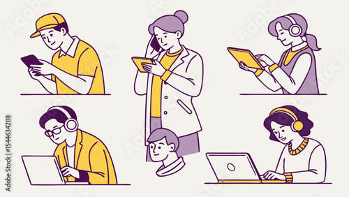 Cartoon illustration of a business woman working on a laptop with her children