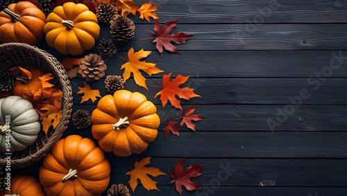 Autumn harvest pumpkins and fall leaves on dark wood