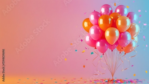 Pink and orange balloons with confetti celebration