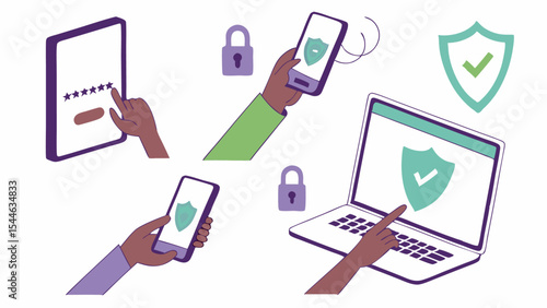 A vector illustration set of office and school icons depicting essential technology, communication, and business tools like computers, laptops, mobile phones, and calculators