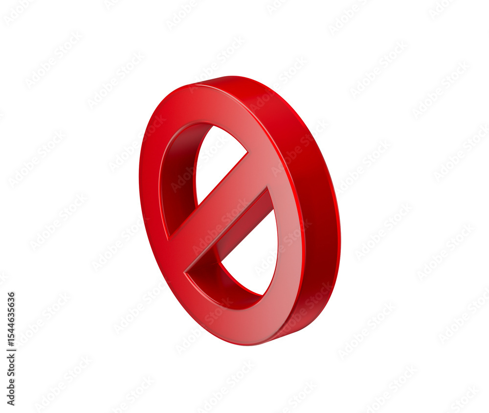 A bold red prohibition icon with a diagonal bar, symbolizing restriction or denial. 3d illustration A bold red prohibition icon with a diagonal bar, symbolizing restriction or denial. 3d illustration
