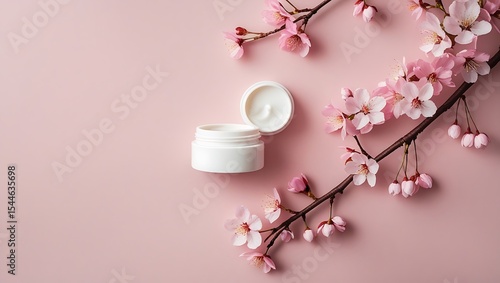 Pink blossom and beauty cream jar on pink background