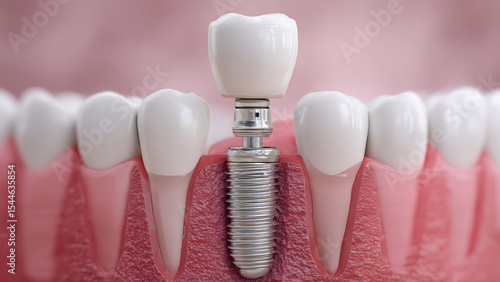 Closeup of Dental implant screw and teeth