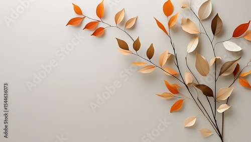 Autumnal branch with orange and beige leaves on white background