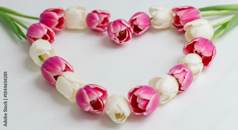 Obraz premium 優美な白ピンクのチューリップがハートを描く 柔らかな光で輝く花びら. AI Generated