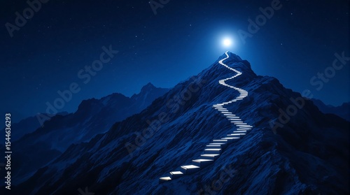 Mountain peak with stairs leading to bright light achievement success concept wallpaper background
