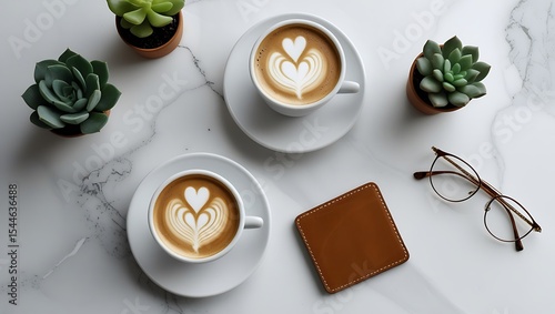 Two latte cups with heart art succulents and glasses