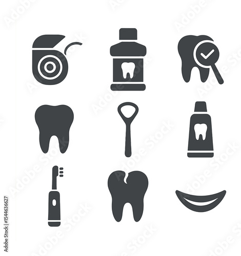 Oral Hygiene Icon Set. Flat icon set of oral hygiene tips: dental floss, mouthwash bottle, dental checkup,