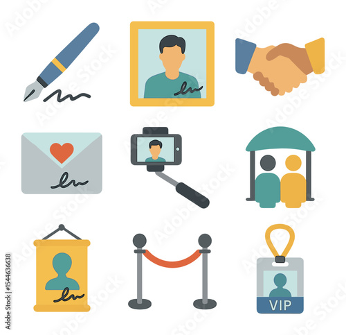 Autograph & Cosplay Icons. Flat icon set of autograph and meetups: autograph pen, photo frame, handshake, fan