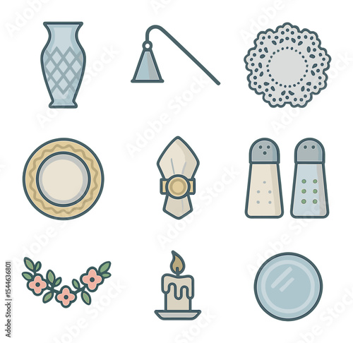 Modern Table Decor Icons. Flat icon set of table decor details: crystal vase, silver candle snuffer, lace