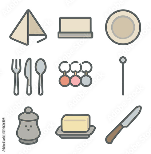 Romantic Dinner Icons. Flat icon set of romantic dinner table settings: folded napkins, place cards, charger