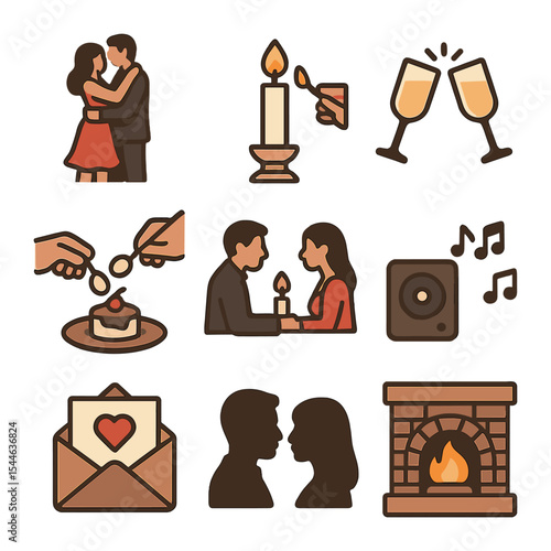 Romantic Dinner Icons. Flat icon set of romantic dinner activities: slow dance, candle lighting, toasting