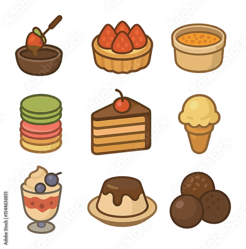 Dessert Icon Collection. Flat icon set of dessert delights: chocolate fondue, strawberry tart, crème brûlée,