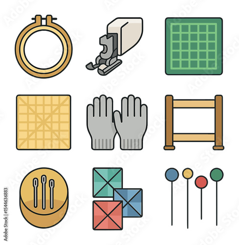 Quilting Tools Icons. Flat icon set of quilting tools: quilting hoop, walking foot, rotary mat, quilting ruler