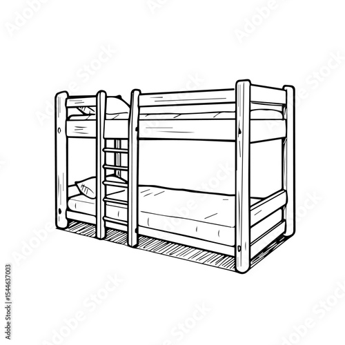 Sturdy bunk bed with two mattresses and ladder. This bunk bed design is ideal for children's rooms or guest bedrooms.  Simple bunk bed illustration perfect for furniture catalogs,