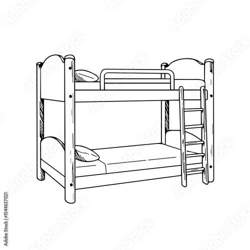 Bunk bed sketch with two mattresses and pillows. Detailed drawing of wooden bunk bed frame with ladder.